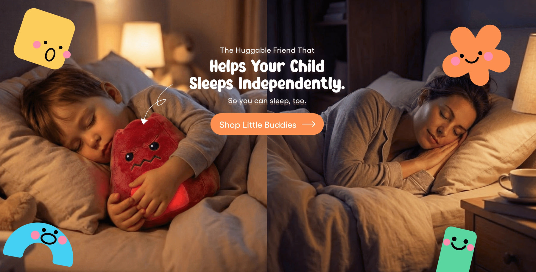 Child sleeping with a red plush toy and an adult next to them, with promotional text about a product helping children sleep independently.