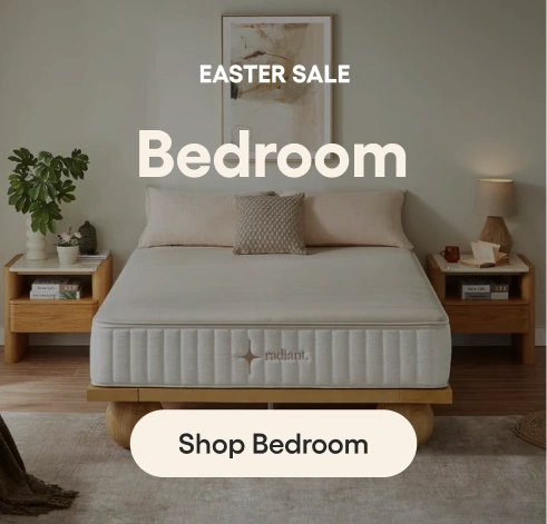 Bedroom scene with a mattress on a bed, 'Easter Sale' text, and 'Shop Bedroom' button.
