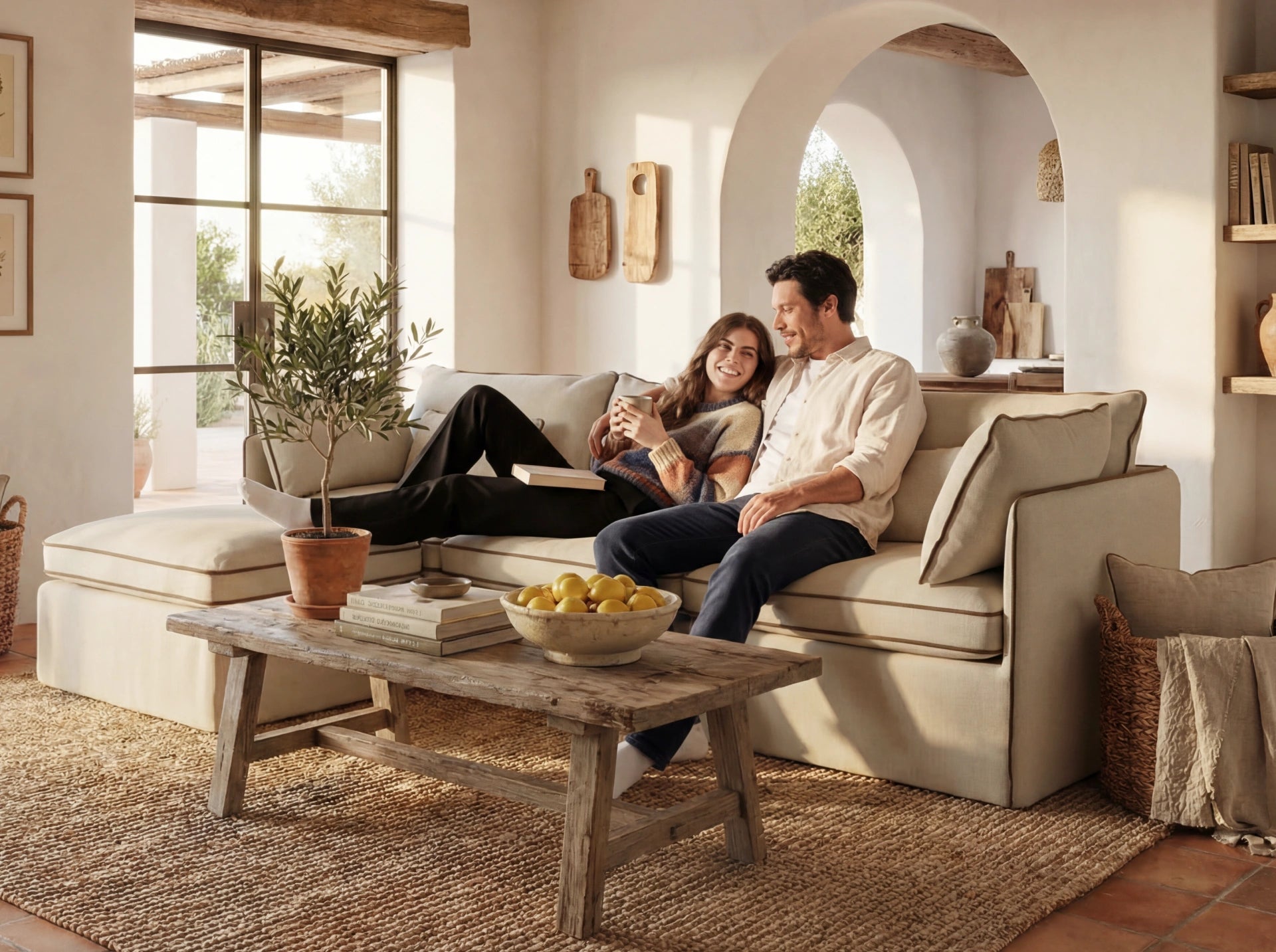Man and woman sitting on a couch in a cozy living room with a wooden coffee table and decorative items.