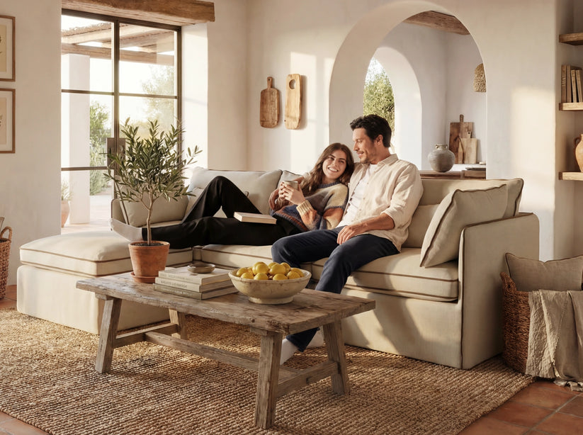 Man and woman sitting on a couch in a cozy living room with a wooden coffee table and decorative items.