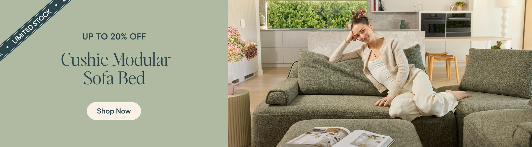 Woman sitting on a green cushioned sofa bed in a kitchen setting with promotional text overlay.