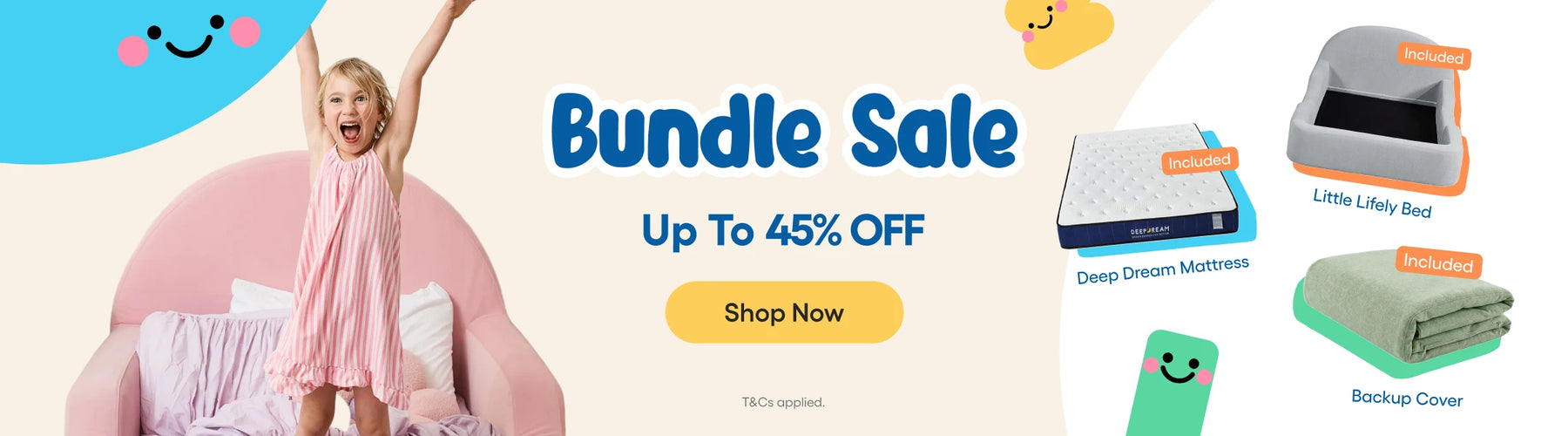 Promotional banner for a bedding bundle sale, featuring a young girl in a pink dress standing in a pink bed, alongside product images of a mattress, a crib mattress, a folded blanket, and a green pillow with smiley faces. Text reads 'Bundle Sale Up To 45% OFF' with a 'Shop Now' button.