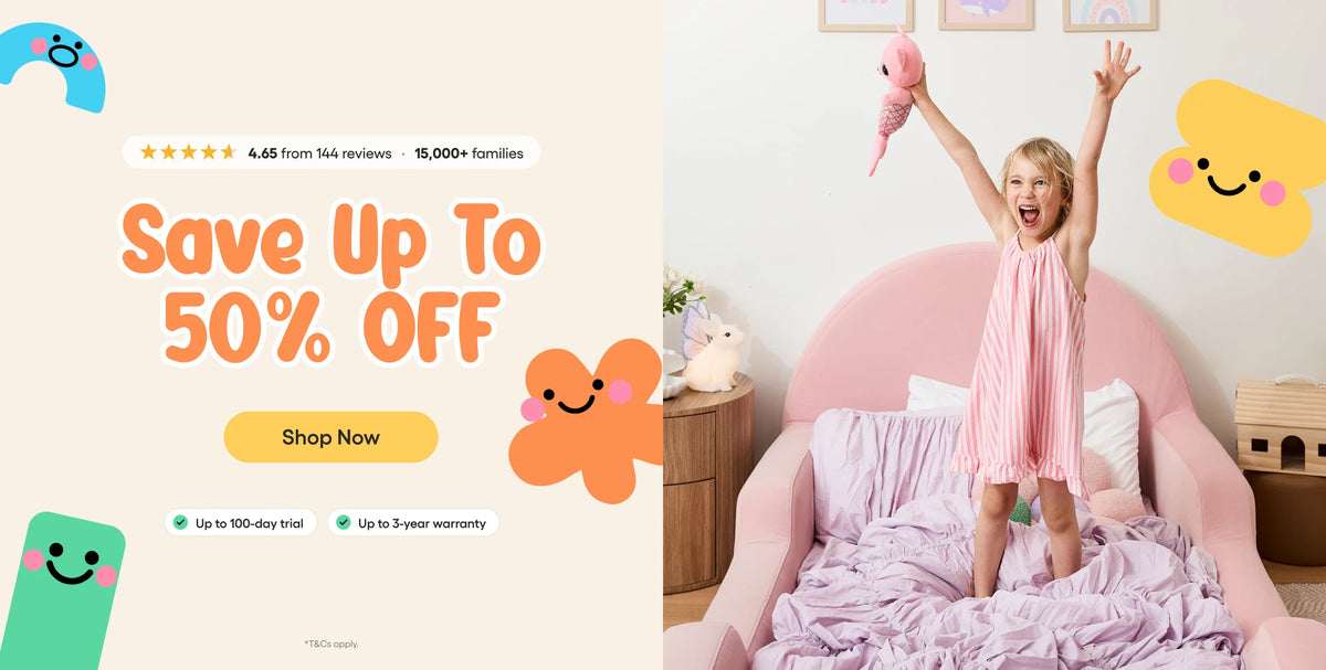 Promotional banner with text 'Save Up To 50% OFF' and a child standing on a pink bed in a bedroom setting, decorated with cartoon smiley-face graphics.