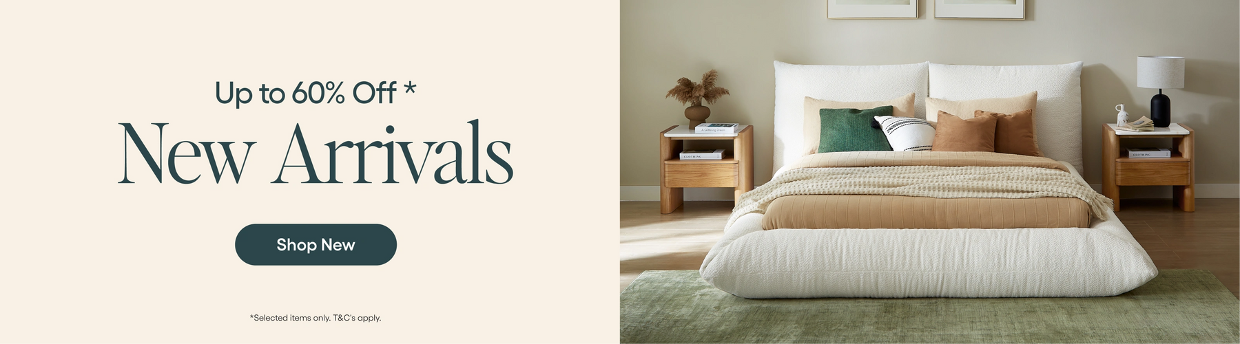 Promotional banner for new arrivals with a bed and nightstands in the background