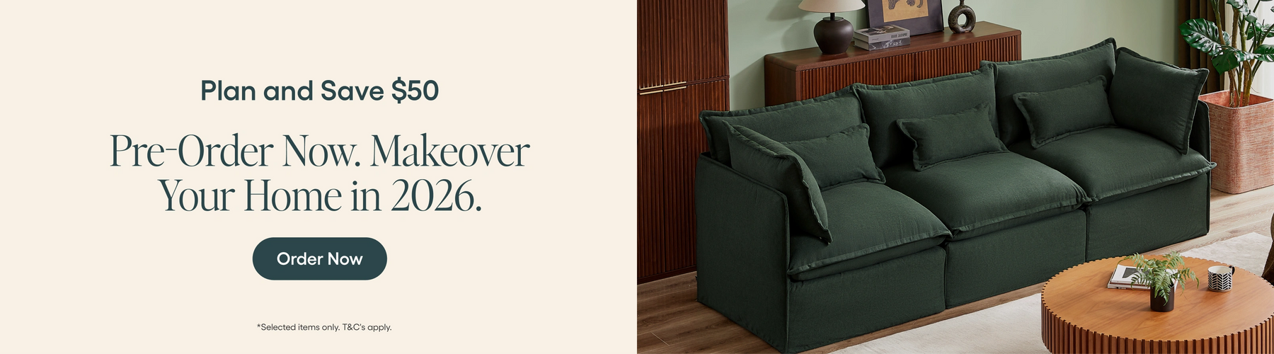 Green sofa in a living room with promotional text for pre-ordering home makeover.