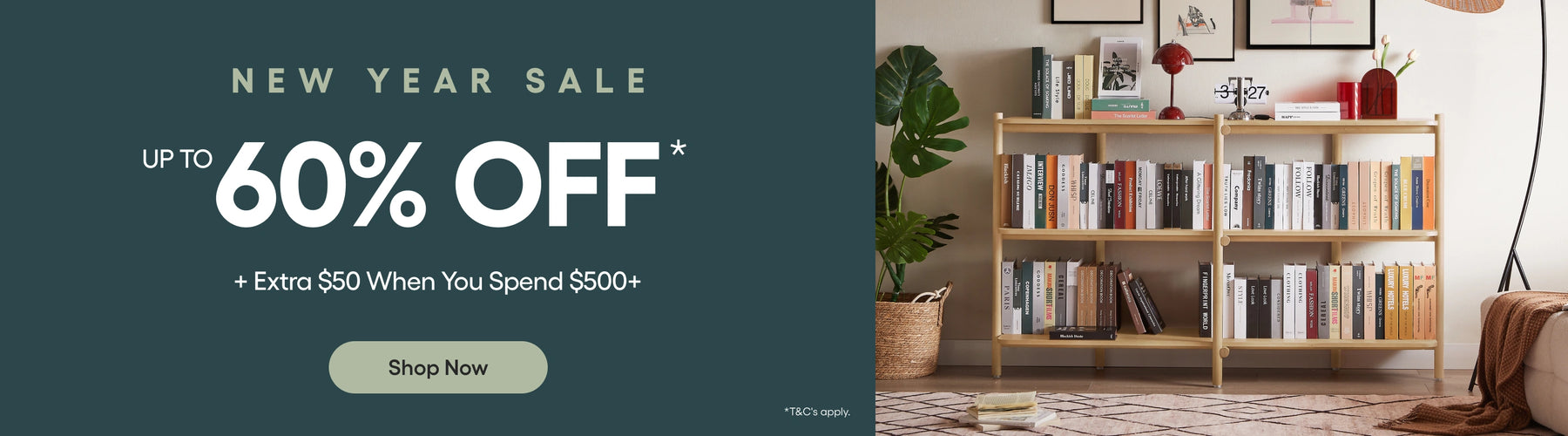 New Year Sale banner with text overlay on a dark background, next to a bookshelf in a room.