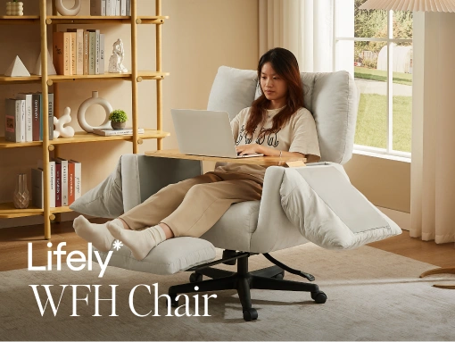 Woman using a laptop on a 'Lively WFH Chair' in a home office setting.