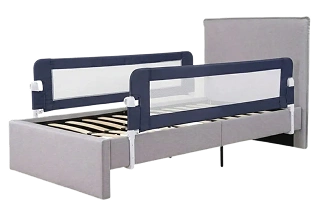 Gray bed with blue safety rail on a white background