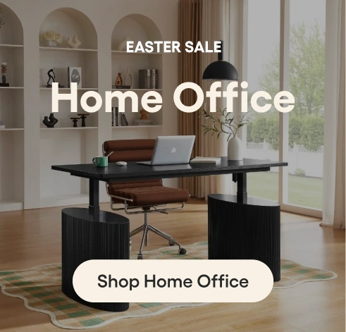 Modern home office with desk, chair, and Easter sale text overlay