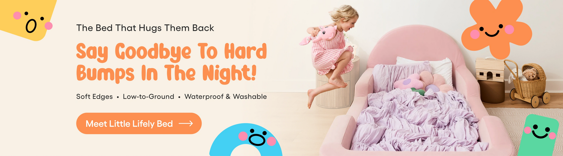 Children's bed with soft bedding, toys, and a baby on a light background with promotional text.