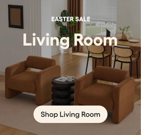 Living room with brown armchairs, coffee table, and dining area. Ad text for Afterpay Day Sale.