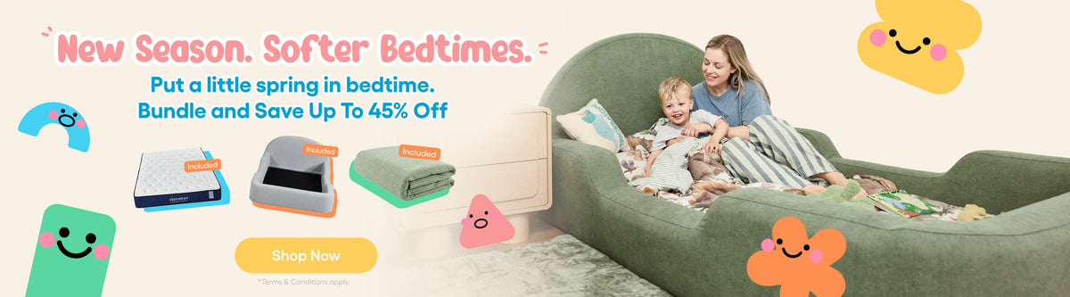 A promotional banner for a spring bedding bundle, featuring a woman and child relaxing in a green bed on a beige floor. The left side contains text reading 'New Season.