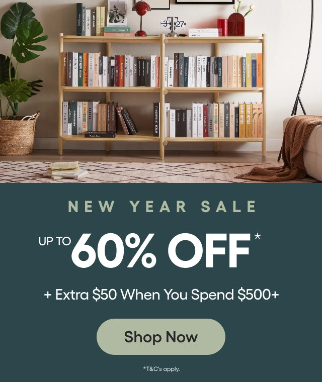 Bookshelf with books in a room setting, promotional banner for New Year Sale with discount offer.