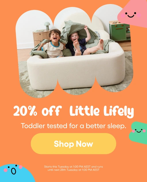 Two children playing on a couch with promotional text for 'Little Lifely' products on an orange background.