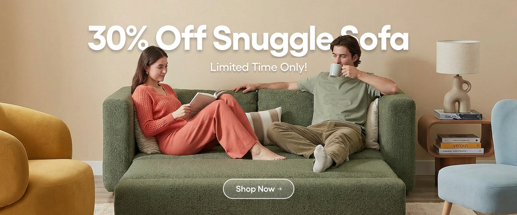 Couple sitting on a green sofa with promotional text for '30% Off Snuggle Sofa' in a living room setting.