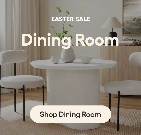 Dining room with a white table and chairs, featuring an Easter sale promotion.